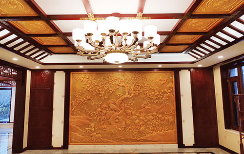 襄州中式别墅客厅中式木作横梁吊顶装饰展示