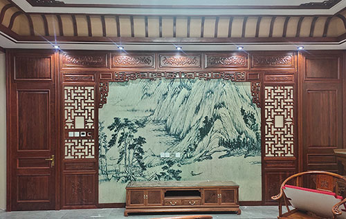 襄州中式仿古别墅客厅背景墙花格木作装饰